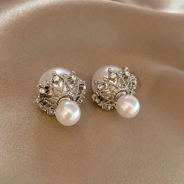 Boucles d'oreilles pendantes Version coréenne, Style Simple et minimaliste, couronne ajourée, polyvalente, taille femme, perle Double face