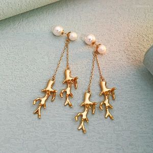 Boucles d'oreilles pendantes coréennes d'hiver, luxe, perles de corail, franges, bijoux longs et chics pour femmes, Romance