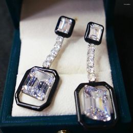 Boucles d'oreilles pendantes KQDANCE 925 en argent sterling simple émail noir coupe Asscher rectangle blanc diamant à haute teneur en carbone géométrique long bijoux