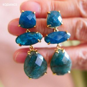 Boucles d'oreilles pendantes KQDANCE Pierre précieuse naturelle Bleu Soda Apatite Larme Longue Goutte avec aiguille en argent 925 Bijoux plaqués or véritable pour femme