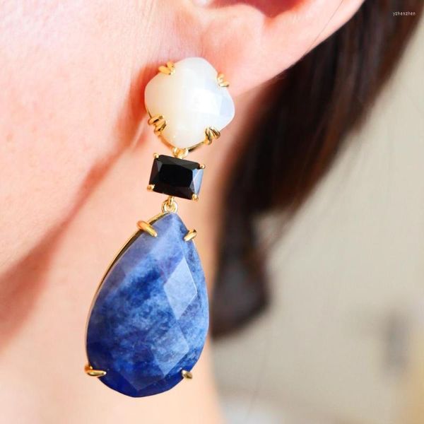Boucles d'oreilles pendantes KQDANCE coquille naturelle perle turquoise bleu agate pierre précieuse avec argent 925 aiguille plaqué or bijoux pour femmes