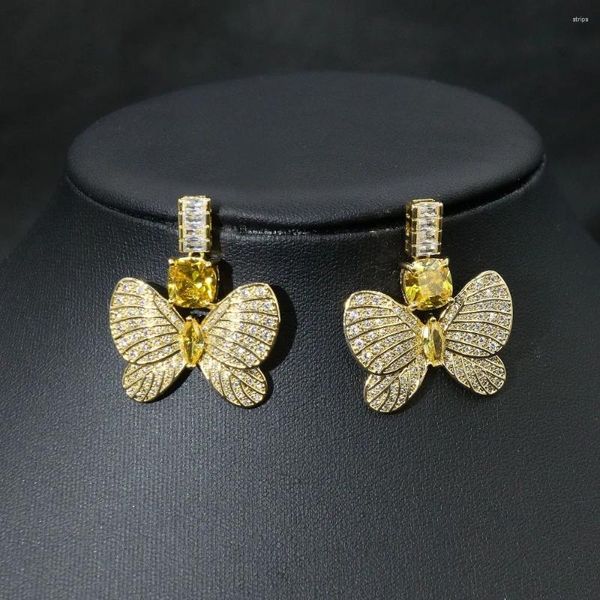 Pendientes colgantes grandes de circonita de colores de alta calidad, elegantes tachuelas de mariposa tridimensionales para mujer