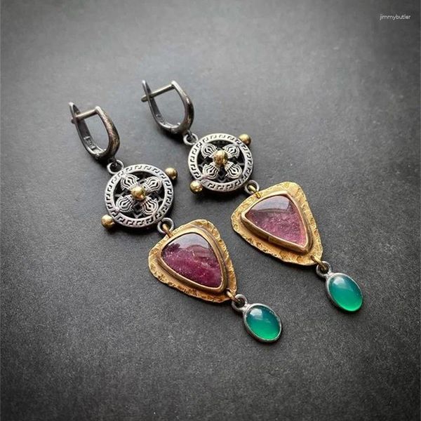 Pendientes colgantes de último diseño, orejas colgantes de cristal coloridas para mujer, joyería con dijes, Metal antiguo, piedra roja y verde, regalo de fiesta