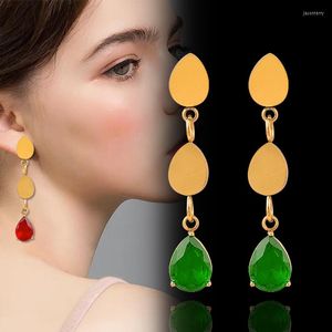 Pendientes colgantes LEEKER 316L Acero inoxidable Color dorado para mujer rojo verde negro Zirconia cúbica gotas de agua joyería 945 LK3