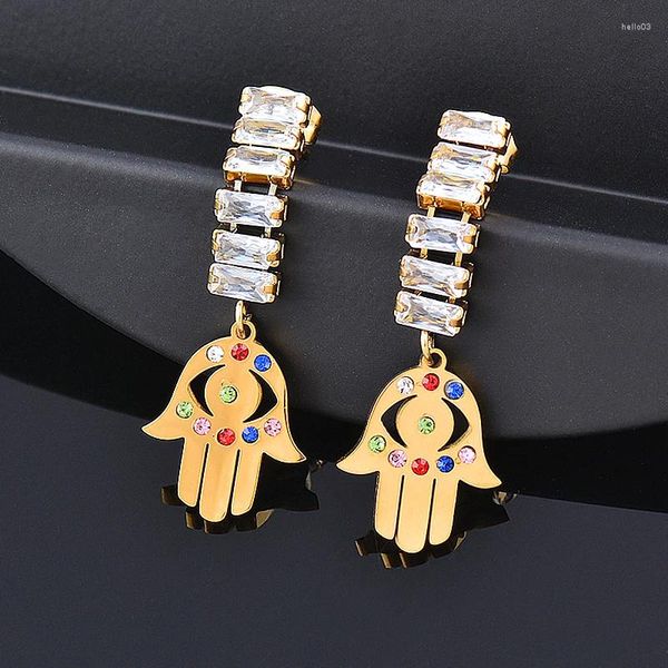 Boucles d'oreilles pendantes LEEKER en acier inoxydable 316L main de Fatima Hamsa longue goutte pour femmes rouge bleu zircon cubique bijoux de fête 932 LK3