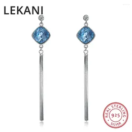 Pendientes colgantes de lekani Cristales cuadrados azules de Austria Drop de cadena larga S925 Tassel de plata esterlina Fina para mujeres