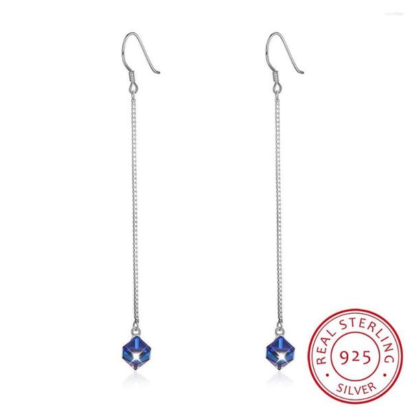 Boucles d'oreilles pendantes LEKANI cristaux longue chaîne Cube perles goutte S925 argent Sterling Piercing femmes bijoux fins