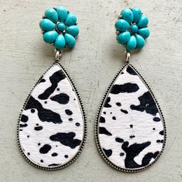 Bengelen oorbellen luipaard koepatroon echt leer voor vrouwen turquoise pompoenbloem traan earrop earrop sieraden accessoriess meisje cadeau