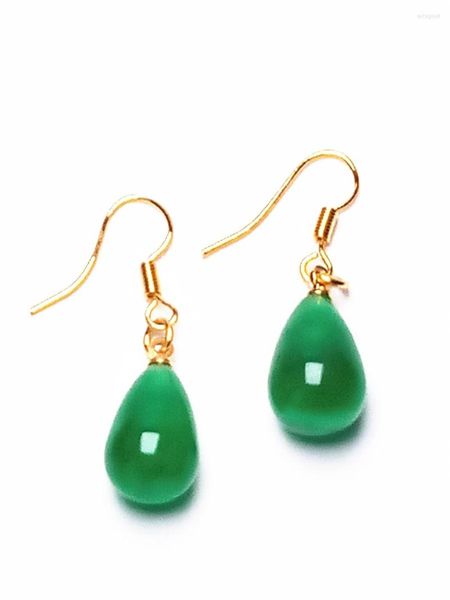 Pendientes colgantes LETSFUN Pendientes con gancho y collar con gota de agua de jade verde chapado en oro amarillo de 14 k