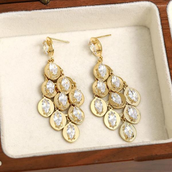 Pendientes colgantes Lifefontier Exquisito Pendiente de gota de hoja de borla de circón brillante para mujer Joyería geométrica de cristal de color dorado y plateado de moda