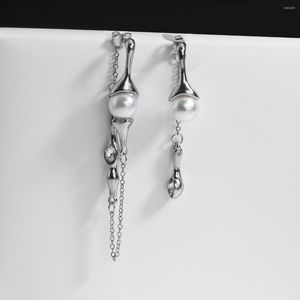 Pendientes colgantes Lifefontier Punk Rhinestone perla borla larga para mujer asimétrico Color plata Metal gota colgante joyería
