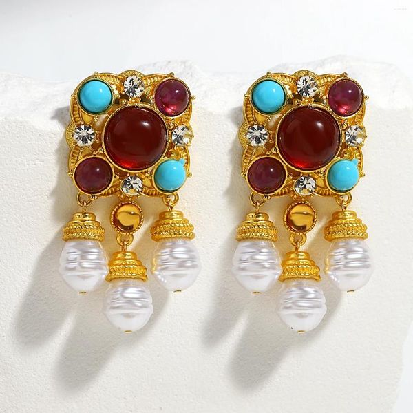 Pendientes colgantes Lifefontier Vintage resina roja borla perla gota para mujer moda Color oro geométrico cristal pendiente encanto joyería