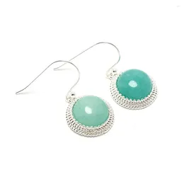 Boucles d'oreilles pendantes en pierre bleu clair, crochet d'oreille en laiton plaqué argent, bijoux ronds ondulés