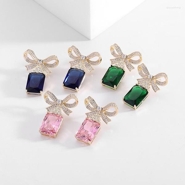 Boucles d'oreilles pendantes légères de luxe, accessoires d'oreille pour femmes, assortis à un dîner, nœud en Zircon, carré géométrique émeraude