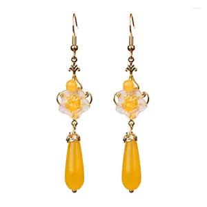 Boucles d'oreilles pendantes couleur or jaune clair fleur glaçure colorée goutte d'eau pour les femmes Rose Rose Quartz bijoux