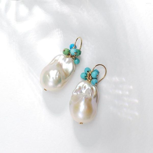 Boucles d'oreilles pendantes Lii Ji grande perle baroque Turquoise américaine 14K or rempli de vrais bijoux faits à la main pour femme