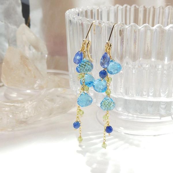 Boucles d'oreilles pendantes Lii Ji Kyanite péridot avec cristal bleu or 14 carats rempli de pierre naturelle bijoux faits à la main