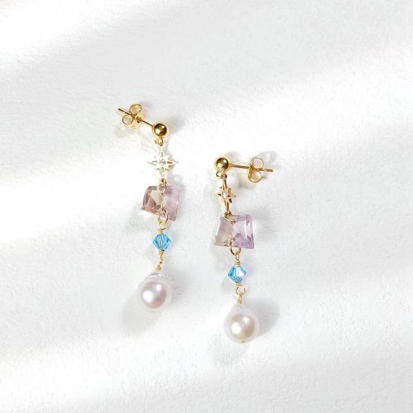 Boucles d'oreilles pendantes Lii Ji, amétrine naturelle, perle baroque, cristal américain, or 14 carats, bijoux faits à la main
