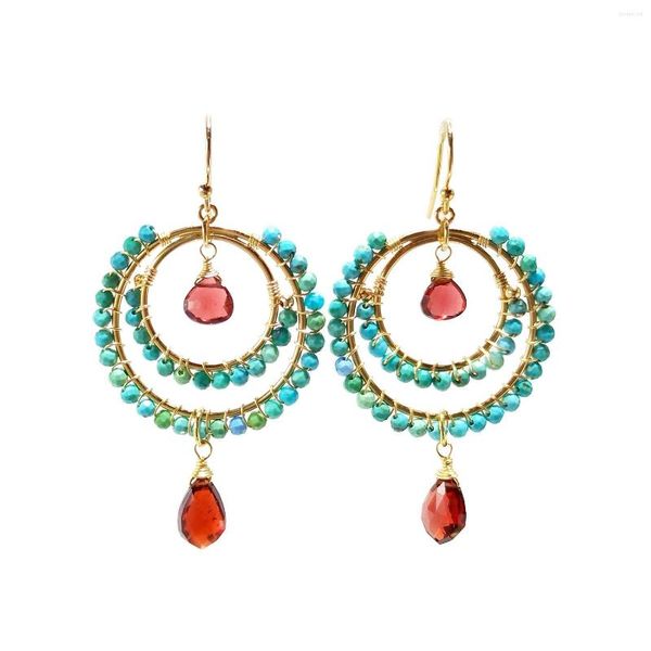 Boucles d'oreilles pendantes Lii Ji naturel Turquoise grenat 14K or rempli bohême grande mode bijoux délicats
