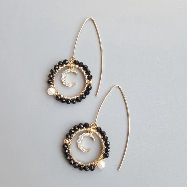 Boucles d'oreilles pendantes LiiJi Unique véritable noir spinelle perle Zircon lune charme 925 en argent Sterling crochet longue goutte pour les femmes