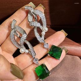 Boucles d'oreilles pendantes LJDZSW S925, aiguille en argent, ligne creuse, perle, cristal vert, bijoux luxueux pour femmes, élégance, anniversaire de mariage