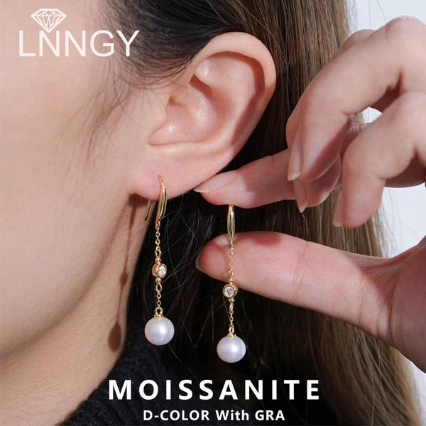 Pendientes colgantes Lnngy Pendiente de gota de moissanita de 3 mm, plata de ley 925, perla de agua dulce de 8-9 mm para mujer, cadena de damas, joyería con borla, regalo