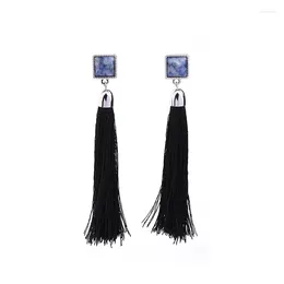 Boucles d'oreilles pendantes longues franges en corde noire, Style ethnique, pierre carrée bleue pour femmes, accessoires de bijoux Boho
