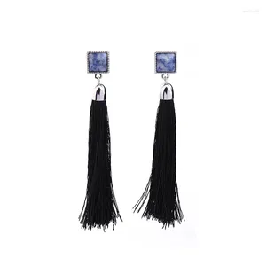 Dangle Oorbellen Lange Zwarte Touw Fringe Etnische Stijl Blauwe Vierkante Steen Voor Vrouwen Boho Sieraden Accessoires