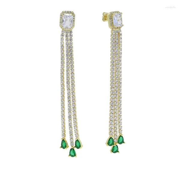 Boucles d'oreilles pendantes longues CZ chaîne de tennis vert larme géométrique pendante gland boucle d'oreille plaqué or 2023 bijoux de luxe à la mode pour femmes