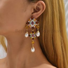 Boucles d'oreilles longues ethniques de luxe pour femmes, mode géométrie colorée strass Vintage bohème fête de mariage, bijoux de déclaration