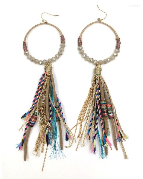 Pendientes colgantes Pendientes largos con flecos Borla de cuero con cuentas Araña de cristal Estilo bohemio Colorido