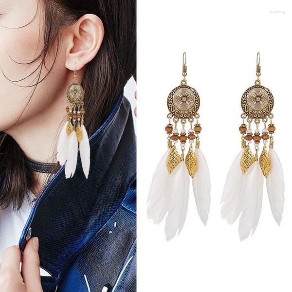 Pendientes colgantes de plumas con flecos largos para mujeres Joyas de moda 2024