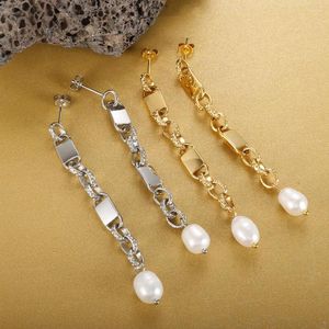 Boucles d'oreilles pendantes longues suspendues en acier inoxydable chaîne goutte perle naturelle pour femmes fille plaqué or à la mode en gros bijoux de tempérament