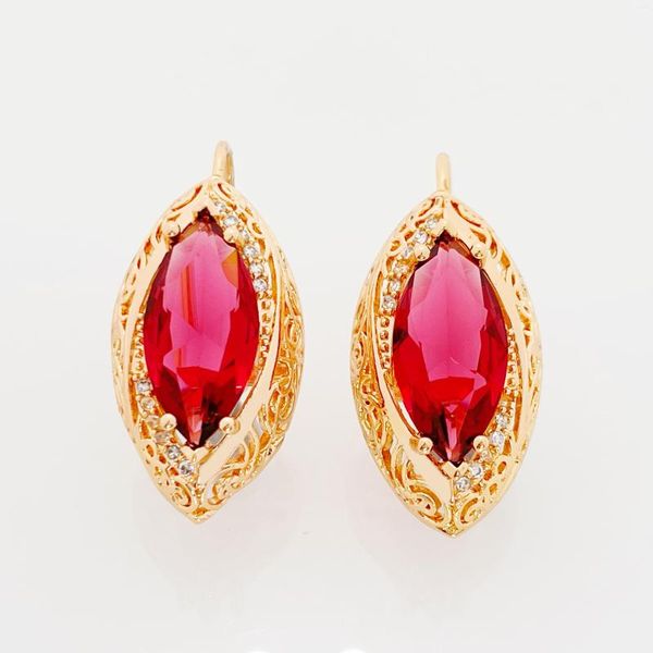 Pendientes colgantes largos únicos tallados tejido rombo rojo Natural circón gota 585 oro rosa mujeres fina boda fiesta joyería de moda