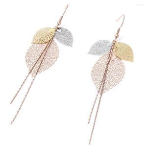 Pendientes colgantes Loredana para mujer, moda de lujo, oro rosa, tricolor, acero inoxidable, malla hueca, hoja, borla, Colorfast, sin alergias