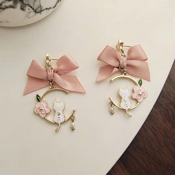 Boucles d'oreilles pendantes en émail pour femmes, joli dessin animé, lune, chat, goutte, Kawaii, mignon rose, lapin à nœud papillon, bijoux cadeaux pour filles