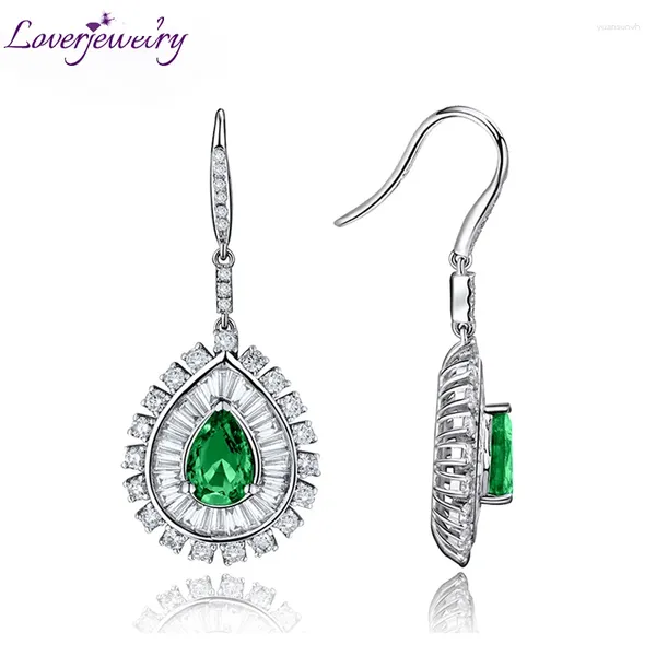Boucles d'oreilles pendantes LOVERJEWELRY pour femmes, poire 5x7mm, pierres précieuses vertes, diamants blancs, véritable émeraude, or 18 carats