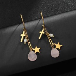 Boucles d'oreilles pendantes Lrsgiuuz Bijoux en acier inoxydable européen et américain créatif polyvalent pierre naturelle en forme de C pentagramme poudre cristal