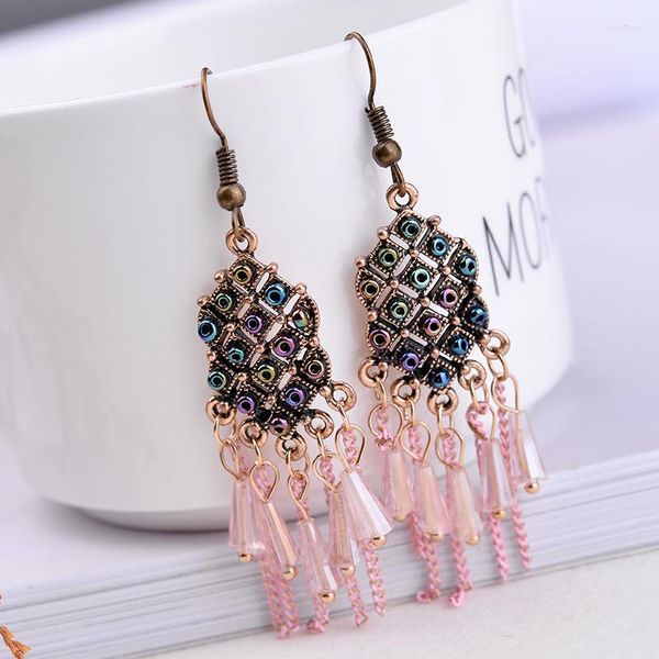 Boucles d'oreilles pendantes LUBOV Vintage rétro perles colorées Bronze femmes chaîne gland cloches pendentif goutte bijoux de mariage cadeau