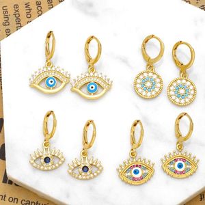 Boucles d'oreilles pendantes œil turc porte-bonheur pour femmes, cerceaux en cuivre plaqué or, bijoux maléfiques CZ, cadeaux Ojo Turco Erst50
