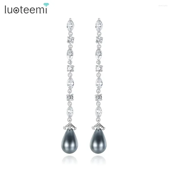 Boucles d'oreilles en peluche Luoteemi délicate gris imitation Pearl Pendant Drop Shining Clear Cz Stone Long Elegant Wedding Bride Jewelry for Women