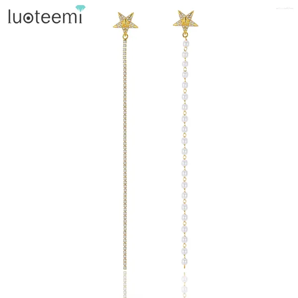 Pendientes colgantes Luoteemi Romántica Estrella pequeña con largas perlas de plástico con cuentas y cristal para mujeres Fashion