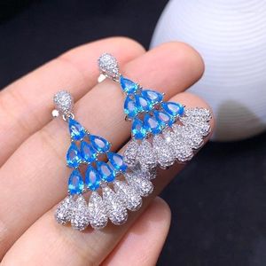 Dange oorbellen Luxe Long Tassels Fan Strand Natural Blue Topaz Drop Gemstone 925 Silver Women Party Gift Sieraden