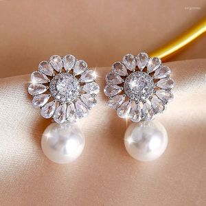 Boucles d'oreilles pendantes perle de luxe pour femmes filles élégant classique marguerite Zircons grande boucle d'oreille Dangel mode bijoux cadeaux