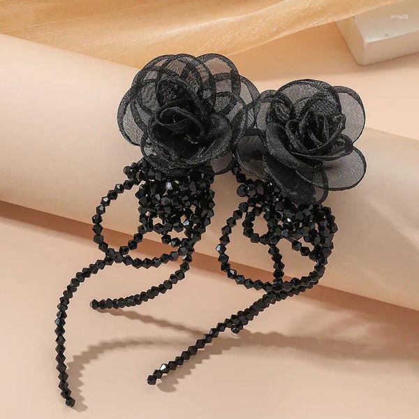 Boucles d'oreilles pendantes de luxe en fil noir pour femmes, goutte acrylique, tempérament bohème, grande fleur, Long gland suspendu, bijoux de fête