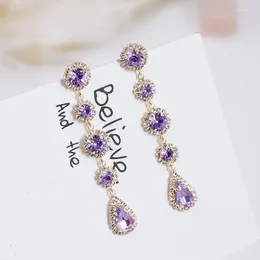 Boucles d'oreilles pendantes de luxe pour femmes, breloque ronde violette, goutte d'eau, strass longs, mode Boucle D'oreille Femme 5A3020