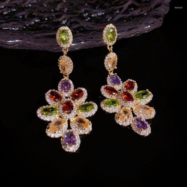 Pendientes colgantes de lujo con flor de circón colorida para mujer, aretes colgantes chapados en oro de 14K de alta calidad, joyería Original 2023