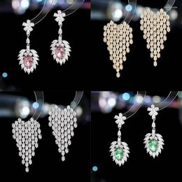 Pendientes colgantes de lujo con circonita cúbica para mujer, joyería elegante con forma de corazón y borla de cristal