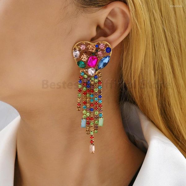 Boucles d'oreilles pendantes Design de luxe strass coeur pour femmes de haute qualité longue gland chaîne en cristal pendentifs bijoux de mode romantique 2023