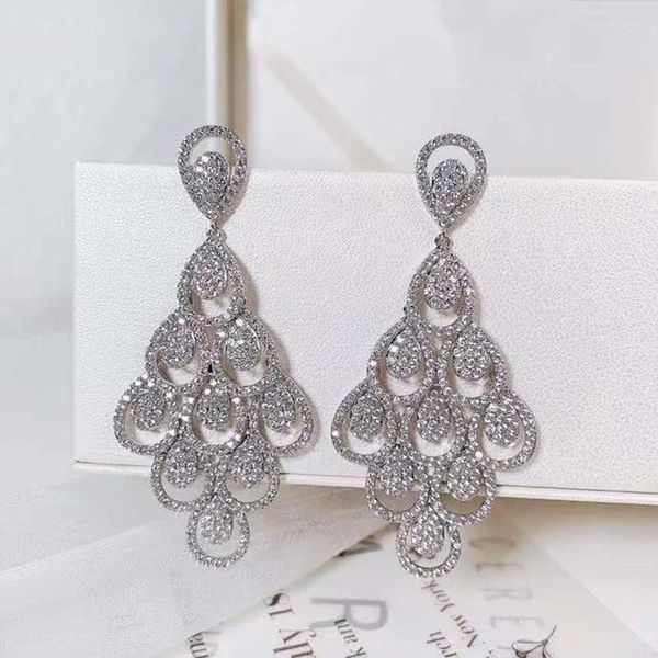 Pendientes colgantes de lujo elegantes para mujer, joyería brillante para fiesta de noche, boda, pluma ahuecada, regalo femenino